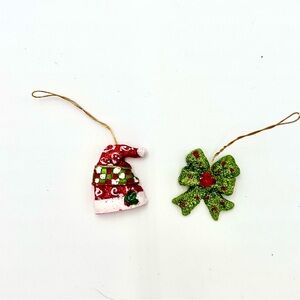 Festive, Vintage Red and Green Santa Hat & Bow Christmas Ornaments (2)